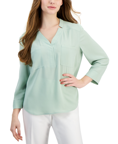 Ak Anne Klein Petite 3/4-sleeve Utility Blouse In Jade Stone