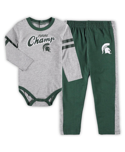 OUTERSTUFF INFANT BOYS AND GIRLS HEATHERED GRAY, GREEN MICHIGAN STATE SPARTANS LITTLE KICKER LONG SLEEVE BODYSU