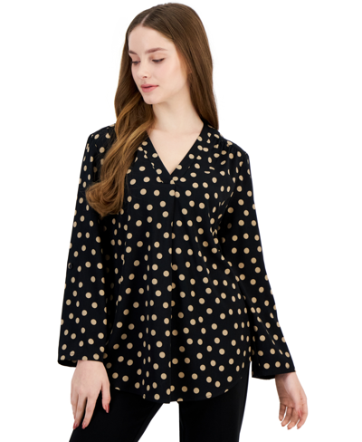 Ak Anne Klein Petite Polka-dot Pleated Tunic In Anne Black,latte Dot