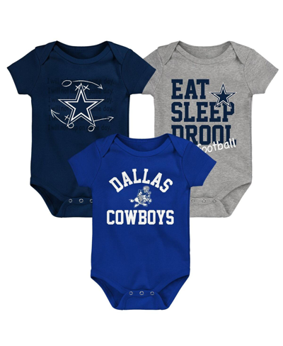OUTERSTUFF BABY BOYS AND GIRLS NAVY, ROYAL, HEATHER GRAY DALLAS COWBOYS THREE-PACK EAT, SLEEP AND DROOL RETRO B