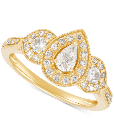 Macy's Diamond Pear-cut Halo Three Stone Beaded Engagement Ring (3/4 Ct. T.w.) In 14k Gold In Yellow Gold