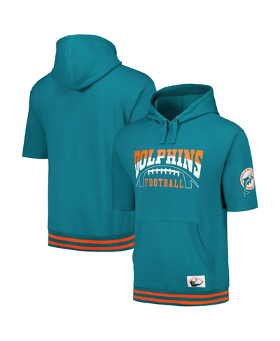 MITCHELL & NESS MEN'S MITCHELL & NESS AQUA MIAMI DOLPHINS PRE-GAME SHORT SLEEVE PULLOVER HOODIE