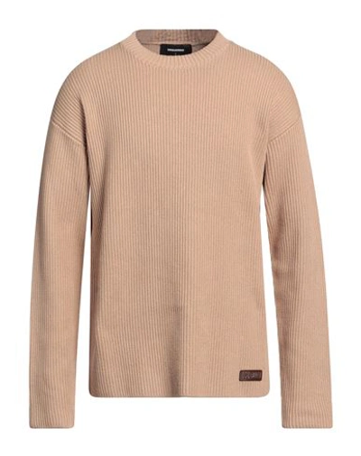 Dsquared2 Man Sweater Camel Size M Cotton, Calfskin In Beige