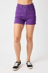 Judy Blue High Waist Tummy Control Garment Dyed Cuffed Shorts In Purple In Purple