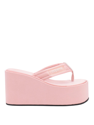 Coperni 105mm Branded Satin Wedge Thong Sandals In Pink