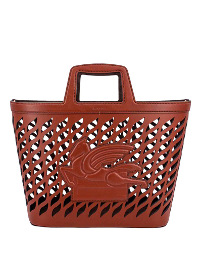 Etro Perforated Leather Handbag In Brown