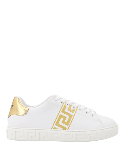 Versace Leather Sneakers With Embroidered La Greca Motif In White