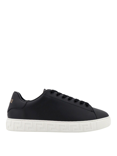 Versace Leather Sneakers With La Greca Detail In Black