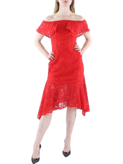 Xscape Petites Womens Lace Handkerchief Hem Cocktail And Party Dress In Red