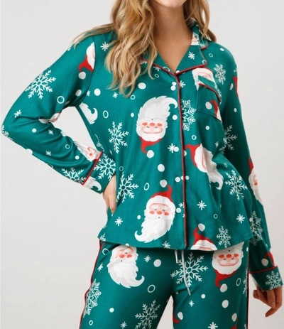 Fantastic Fawn Santa Printed Pajama Shirt In Green Multi