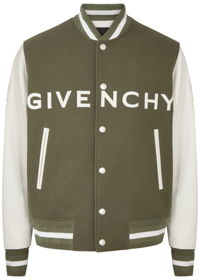 Givenchy Logo-appliquéd Wool-blend And Leather Varsity Jacket In Khaki