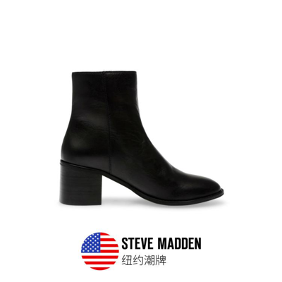 Steve Madden 【牛皮】思美登冬季新款简约粗跟侧拉链短靴女 Rambler In Black