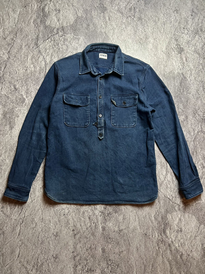 Pre-owned Edwin X Vintage Y2k Edwin Loggerhead Heavyweight Popover Shirt Jacket In Blue