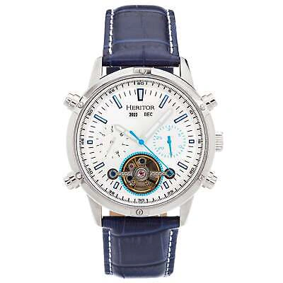 Pre-owned Heritor Automatic Wilhelm Semi-skeleton Leather-band Watch W/day/date - Blue