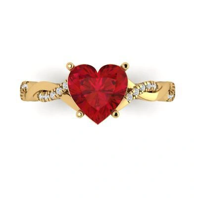 Pre-owned Pucci 2.19ct Heart Twisted Halo Ruby Simulated Promise Wedding Ring 14k Yellow Gold