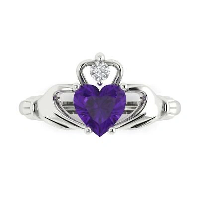 Pre-owned Pucci 1.55ct Irish Celtic Claddagh Real Amethyst Classic Statement Ring 14k White Gold
