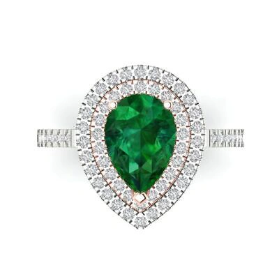 Pre-owned Pucci 2.66 Pear Double Halo Simulated Emerald Promise Wedding Ring 14k 2 Tone Gold In Green