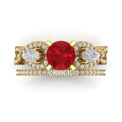 Pre-owned Pucci 2 Round Pear 3stone Simulated Ruby Wedding Statement Bridal Set 14k Yellow Gold