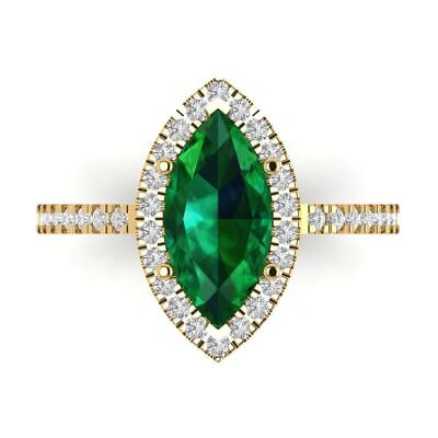 Pre-owned Pucci 2.38 Marquise Halo Simulated Emerald Classic Bridal Ring Solid 14k Yellow Gold