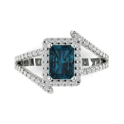 Pre-owned Pucci 2.10ct Emerald Criss Cross Royal Blue Topaz Promise Wedding Ring 14k White Gold