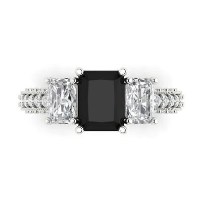 Pre-owned Pucci 4.26ct Emerald Cut Onyx Gem 18k White Gold 3 Stone Classic Wedding Bridal Ring