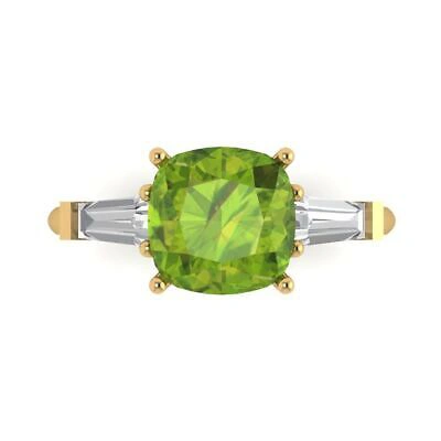 Pre-owned Pucci 3.5 Cushion 3 Stone Natural Peridot Modern Statement Ring Solid 14k Yellow Gold