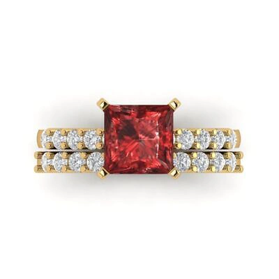 Pre-owned Pucci 2.66ct Princess Cut Real Red Garnet Wedding Statement Ring Set 14k Yellow Gold