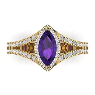 Pre-owned Pucci 1.2 Marquise Split Halo Real Amethyst Modern Statement Ring Real 14k Yellow Gold