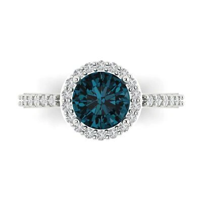 Pre-owned Pucci 2.4ct Round Cut Halo Royal Blue Topaz Promise Bridal Wedding Ring 14k White Gold