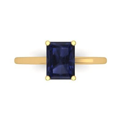 Pre-owned Pucci 2 Emerald Designer Statement Bridal Simulated Blue Sapphire Ring 14k Yellow Gold