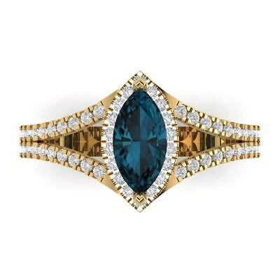 Pre-owned Pucci 1.2 Ct Marquise Split Halo Royal Blue Topaz Promise Wedding Ring 14k Yellow Gold