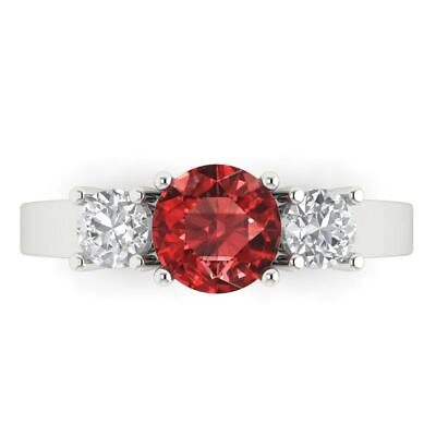 Pre-owned Pucci 1.50 Round 3 Stone Real Red Garnet Classic Bridal Statement Ring 14k White Gold