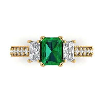 Pre-owned Pucci 1.82 Emerald Round 3stone Simulated Emerald Modern Ring Solid 14k Yellow Gold