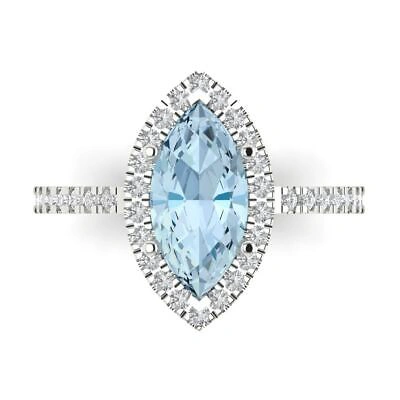 Pre-owned Pucci 2.38 Marquise Halo Real Aquamarine Classic Bridal Designer Ring 14k White Gold