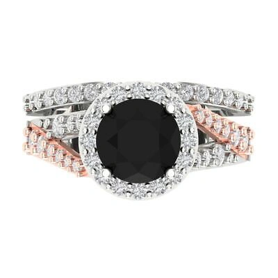 Pre-owned Pucci 1.9 Round Pave Halo Real Onyx Wedding Statement Ring Set Solid 14k 2 Tone Gold In D