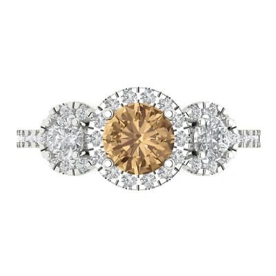 Pre-owned Pucci 1.75 Ct Round Halo 3 Stone Simulated Champagne Stone Promise Ring 14k White Gold