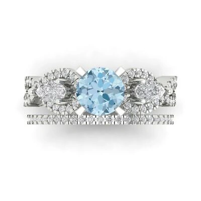Pre-owned Pucci 2ct Round Pear 3stone Sky Blue Topaz Wedding Statement Ring Set 14k White Gold