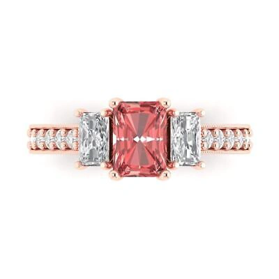 Pre-owned Pucci 1.82ct Emerald Round Cut 3 Stone Red Garnet Modern Statement Ring 14k Pink Gold