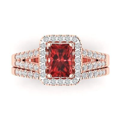 Pre-owned Pucci 1.60 Emerald Round Cut Halo Red Garnet Wedding Statement Ring Set 14k Pink Gold