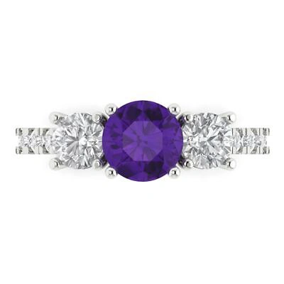 Pre-owned Pucci 2ct Round Cut 3 Stone Real Amethyst Classic Bridal Statement Ring 14k White Gold
