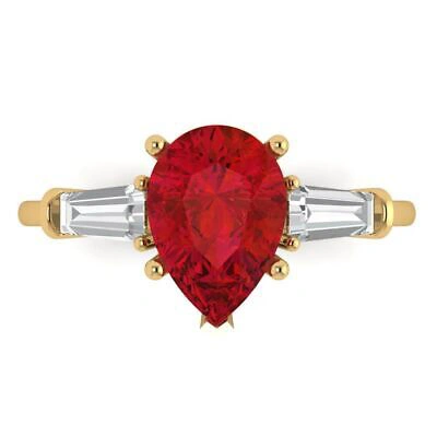 Pre-owned Pucci 2.5 Pear Baguette 3stone Simulated Ruby Classic Designer Ring 14k Yellow Gold