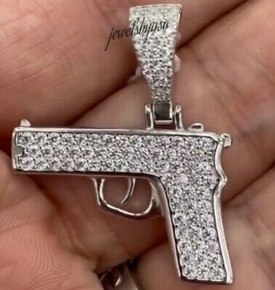 Pre-owned Nsg 0.15cts D/vvs Moissanite Men's Rapper Jewelry Small Gun Pendant 925 Silver In White