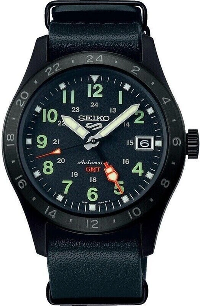 Pre-owned Seiko 5 Sports Gmt Leather Strap Automatic Men's Watch Ssk025k1