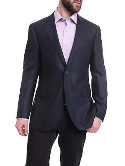 Pre-owned Napoli Slim Fit Navy Blue Textured Two Button Half Canvassed Reda Wool Blazer