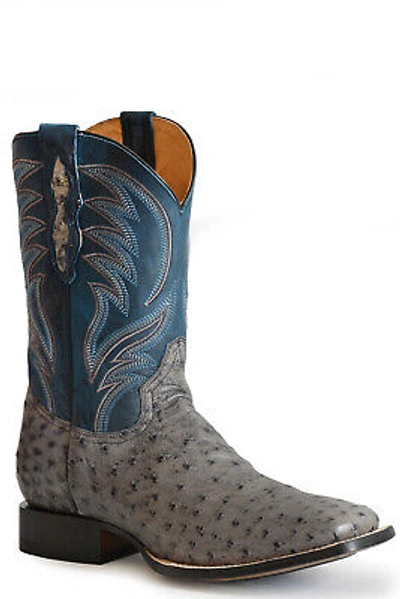 Pre-owned Roper Mens Grey/dark Blue Leather Oliver Ostrich 11in Cowboy Boots 11.5d In Gray