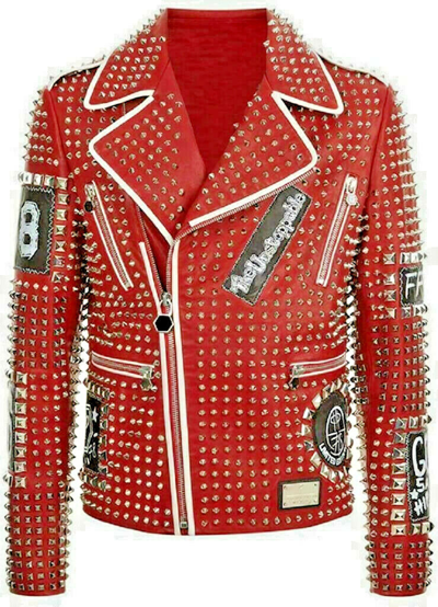 Pre-owned Handmade Philipp Plein Maroon Full Studded Biker Leather Jacket, Giacca Da Uomo In Red