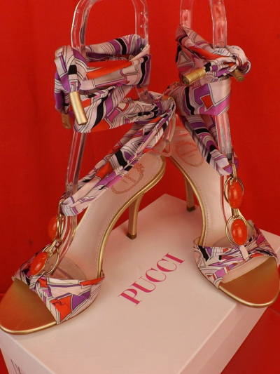 Pre-owned Emilio Pucci Multicolor Jeweled Satin Ankle Wrap Leather Sandals Pumps 38.5 In Multicoloured