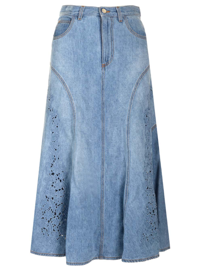 Chloé Floral Broderie Anglaise Cotton Linen Denim A-line Midi Skirt In Foggy Blue