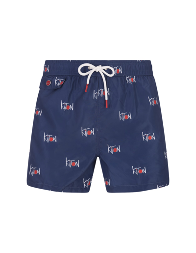 KITON NAVY BLUE SWIM SHORTS WITH ALL-OVER LOGO