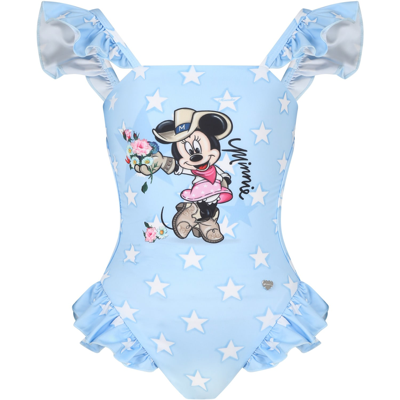 Monnalisa Kids' Sky Blue Swimsuit For Baby Girl With Minnie In Light Blue